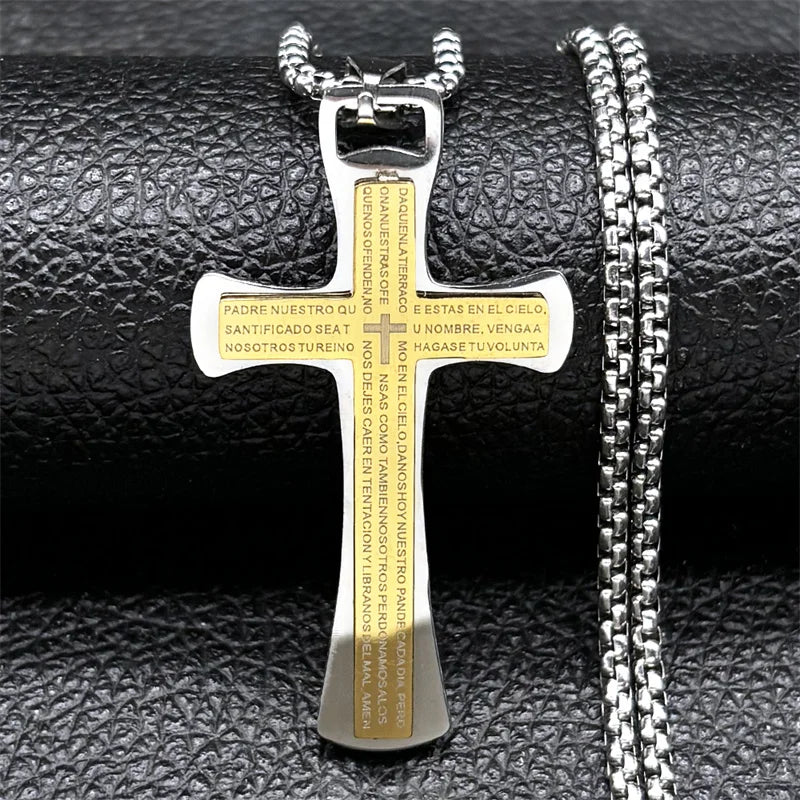 Cross Christian Church Prayer Necklace Men Stainless Steel Gold Color Bible Amulet Necklaces Jewelry colar masculino N2005S02