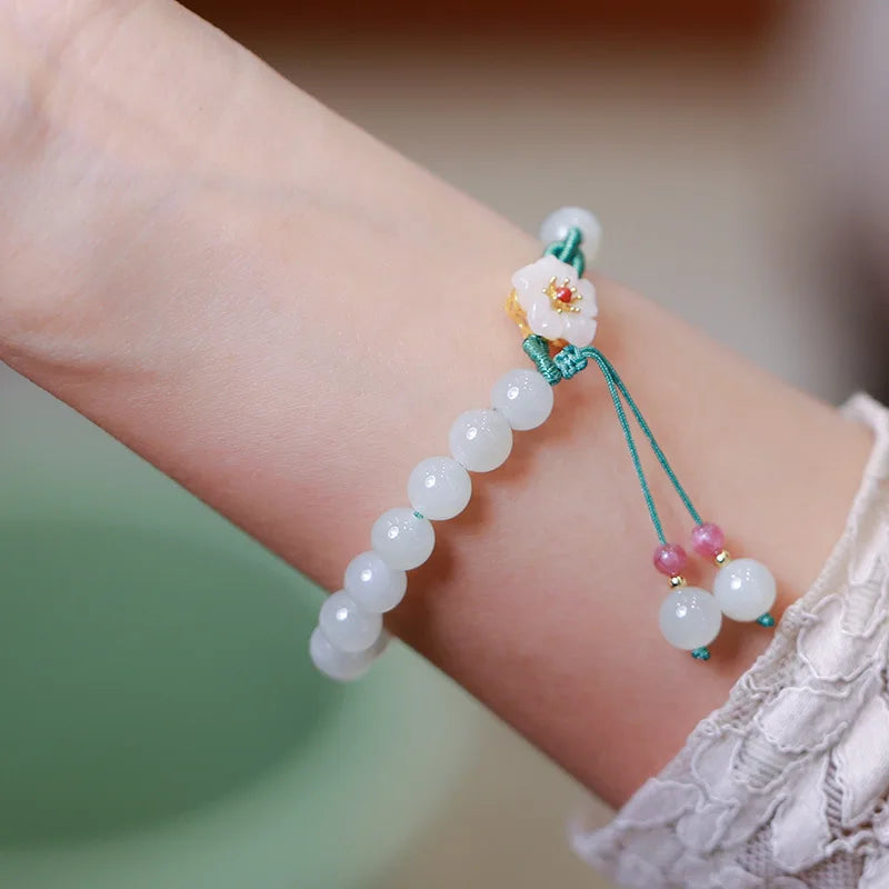 Jade Beads Small Peach Flower Woven Bracelet Female Minority Design Students' Best Friend Gift Beads Bracelet Ins Knitting