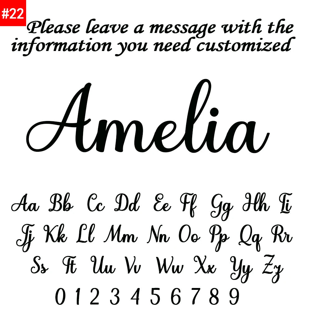 Decorative text with the name 'Amelia' and customizable letters and numbers on a white background.