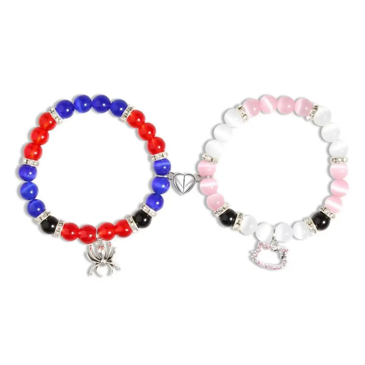 2 pcs of Blue and Pink Beads Cute cat Pendant Heart Shape Magnet Elastic Couple's Bracelets, Bff Trendy Jewelry Gifts