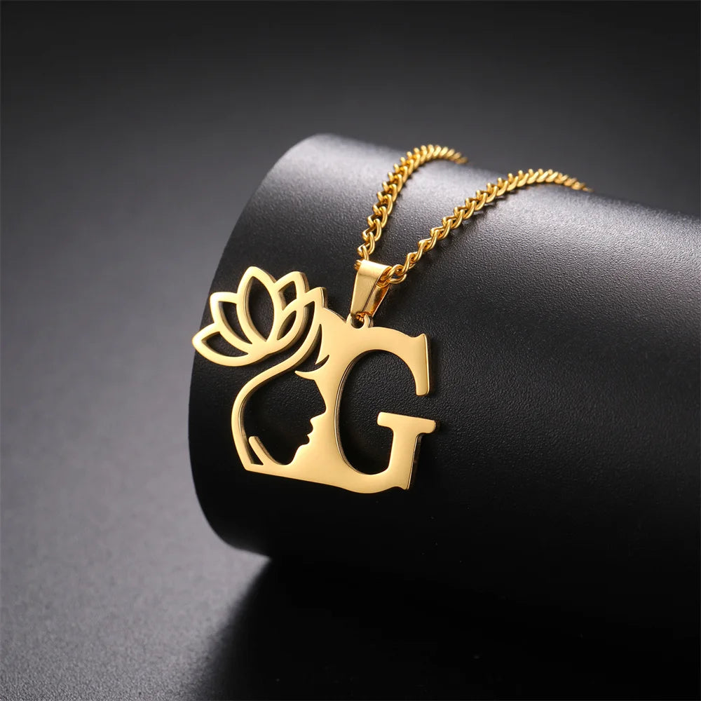 My Shape Beauty Lotus Flower Initials Necklace Women Girl Gifts Stainless Steel Letter Alphabet Pendants Choker Fashion Jewelry
