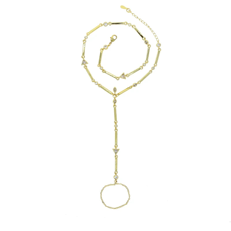 Gold Color Geometric Various Shaped Bezel CZ Plain Bar Charm Double Layer Sexy Fashion Women Hand Chain Bracelets