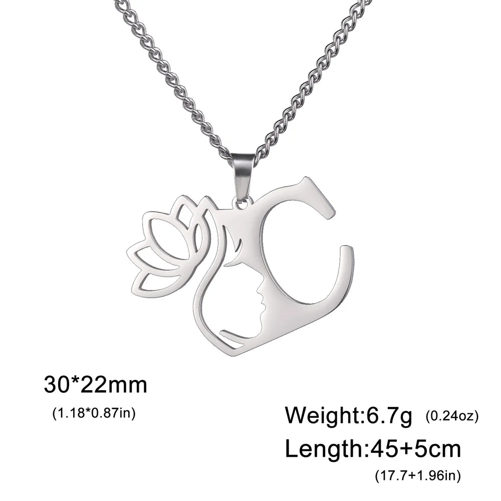 My Shape Beauty Lotus Flower Initials Necklace Women Girl Gifts Stainless Steel Letter Alphabet Pendants Choker Fashion Jewelry
