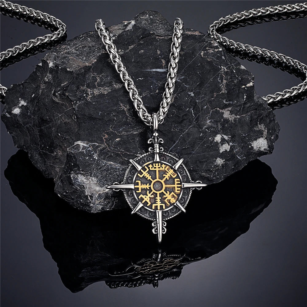 Retro Gold Color Vikings Compass Necklace Men Antique Stainless Steel Norse Rune Amulet Pendant Vegvisir Homme Icelandic Jewelry