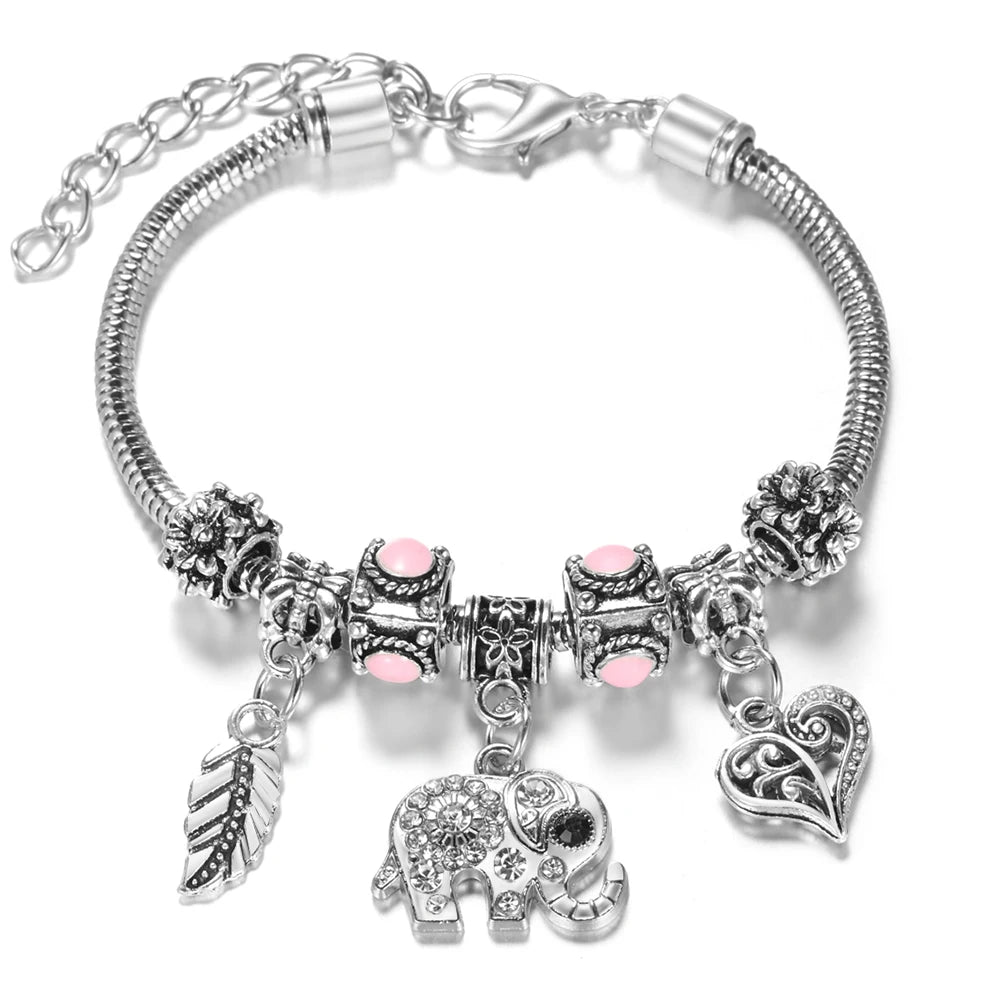 Multi Style Rhinestone 6 Color Beaded Bangle Lobster Buckle Adjustable Snake Chain Elephant Bracelet Pendant Woman Jewelry Gift