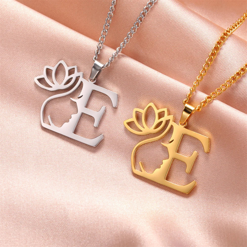 My Shape Beauty Lotus Flower Initials Necklace Women Girl Gifts Stainless Steel Letter Alphabet Pendants Choker Fashion Jewelry
