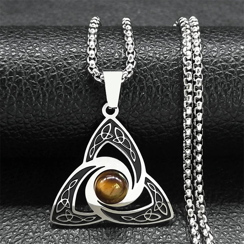 Viking Trinity Knot Necklace for Women Men Stainless Steel Tiger Eye Stone Irish Celtic Lucky Amulet Necklaces Jewelry N3806S02