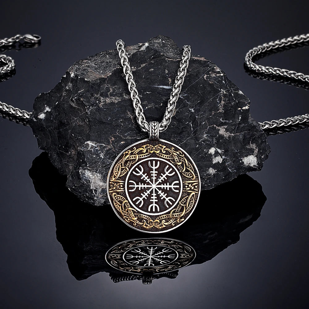 Vintage Ouroboros Vikings Rune Compass Necklace Men Norse Amulet Stainless Steel Pendant Genuine Leather Chain Icelandic Jewelry