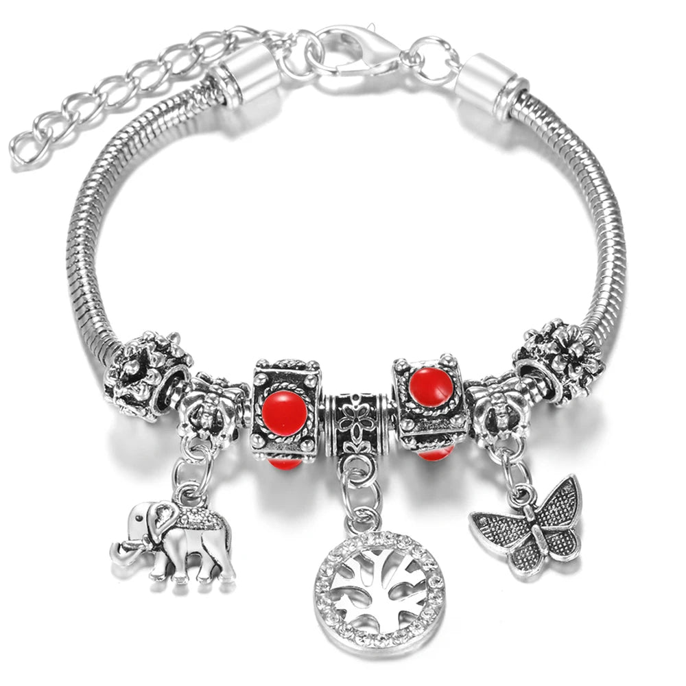 Multi Style Rhinestone 6 Color Beaded Bangle Lobster Buckle Adjustable Snake Chain Elephant Bracelet Pendant Woman Jewelry Gift