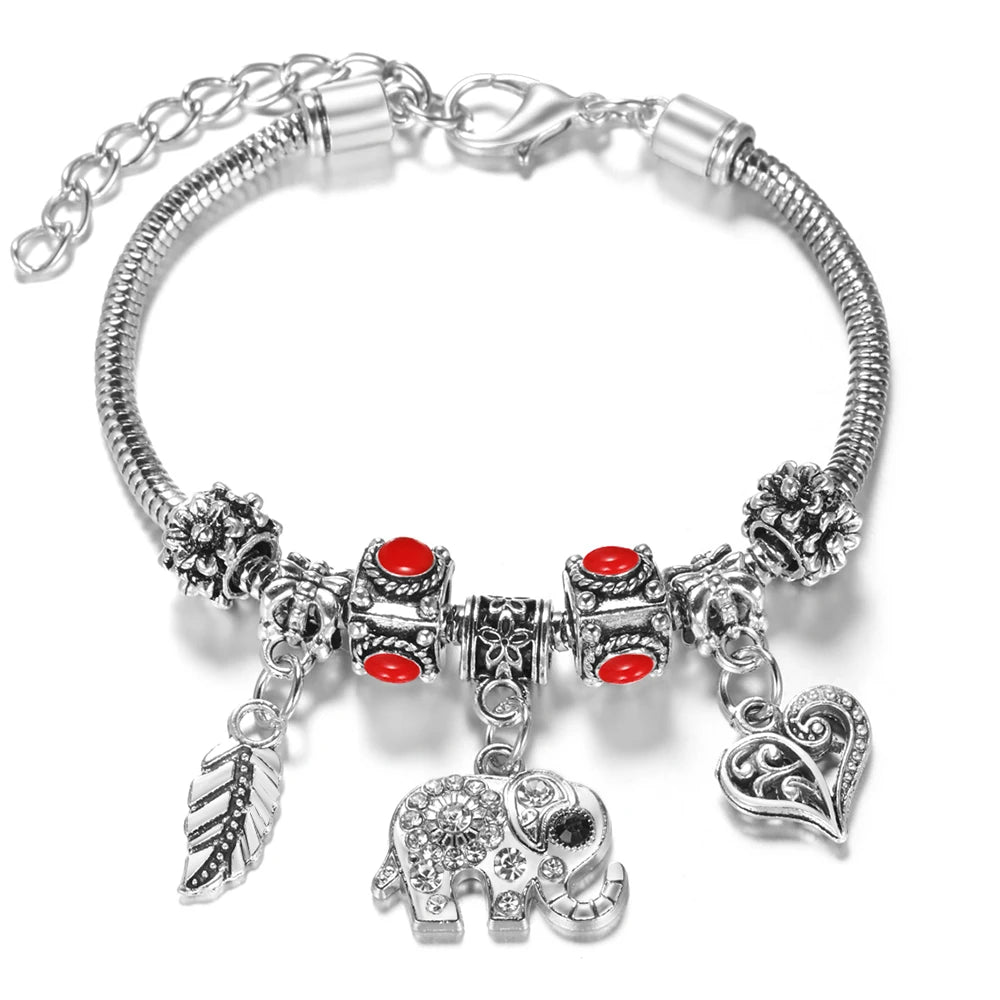 Multi Style Rhinestone 6 Color Beaded Bangle Lobster Buckle Adjustable Snake Chain Elephant Bracelet Pendant Woman Jewelry Gift