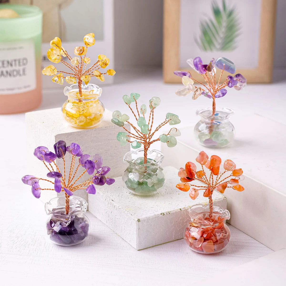 1PC Natural Crystal Macadam Small Tree Reiki Healing Feng Shui Crystal Tree Artificial Bonsai Tabletop Ornaments