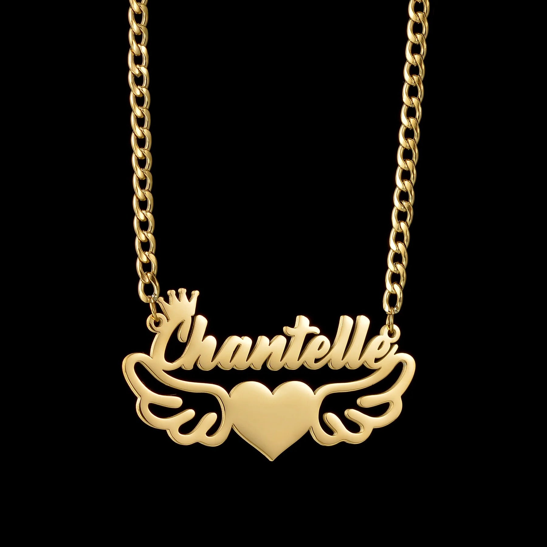 Gold necklace with 'Chantelle' pendant on a black background