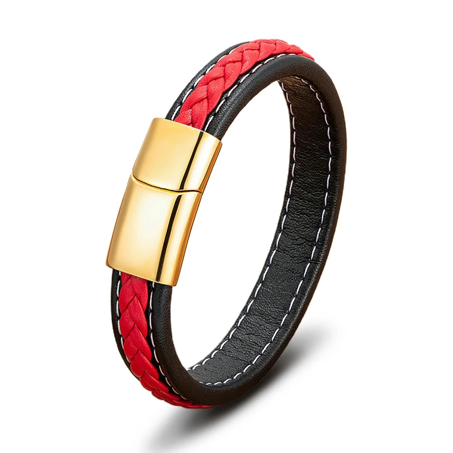 XQNI Black & Red Braided Rope Leather Bracelet Men Stainless Steel Charm Jewelry Bangle for Friend Couple Birthday New Year Gift