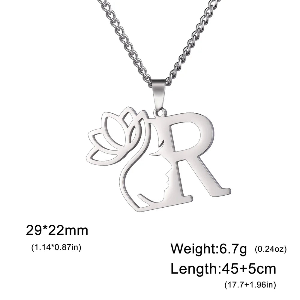My Shape Beauty Lotus Flower Initials Necklace Women Girl Gifts Stainless Steel Letter Alphabet Pendants Choker Fashion Jewelry