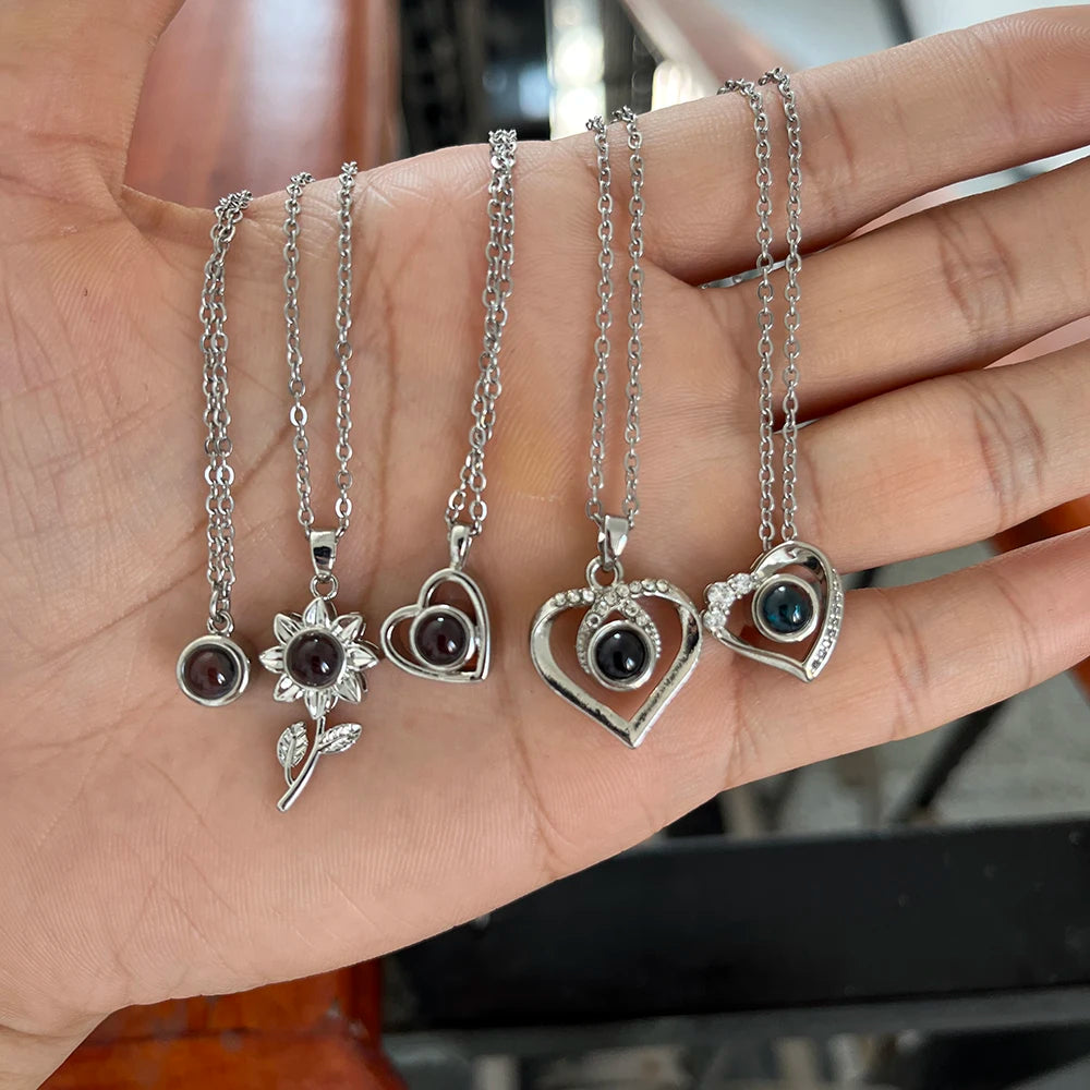 Custom Photo Projection Necklace Stainless Steel Chain Heart Flower Start Pendant DIY Picture Inside Couple Family Necklace