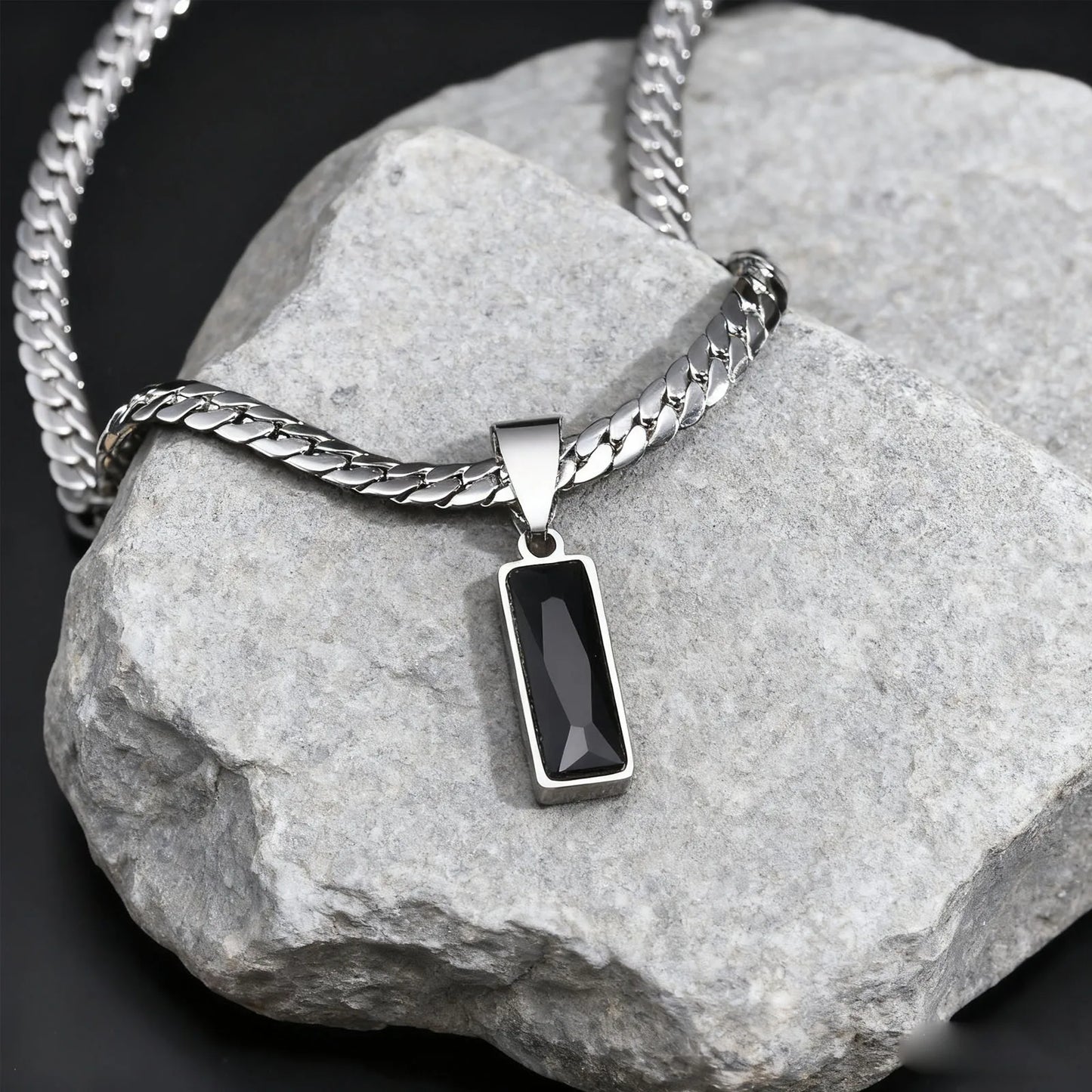 Stylish Mens Geometric Stone Pendent Necklaces,Stainless Steel Flat Cuban Chain Collars,Hip Hop Jewelry Gifts for Him Boys