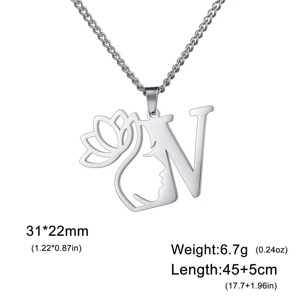 My Shape Beauty Lotus Flower Initials Necklace Women Girl Gifts Stainless Steel Letter Alphabet Pendants Choker Fashion Jewelry