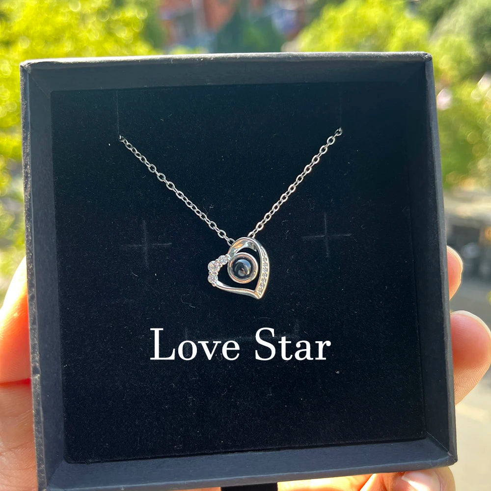 Custom Photo Projection Necklace Stainless Steel Chain Heart Flower Start Pendant DIY Picture Inside Couple Family Necklace