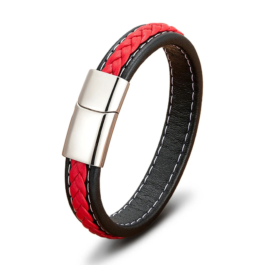 XQNI Black & Red Braided Rope Leather Bracelet Men Stainless Steel Charm Jewelry Bangle for Friend Couple Birthday New Year Gift