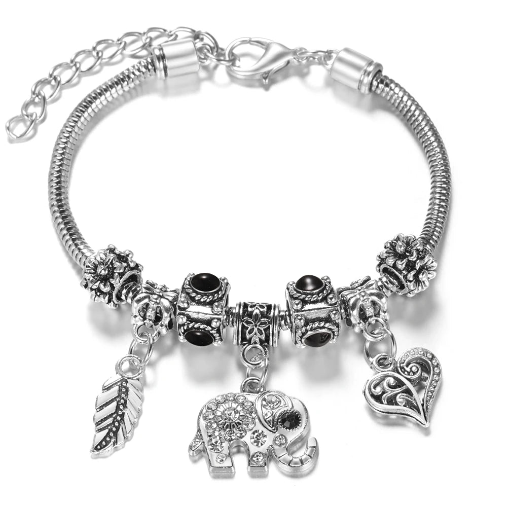 Multi Style Rhinestone 6 Color Beaded Bangle Lobster Buckle Adjustable Snake Chain Elephant Bracelet Pendant Woman Jewelry Gift