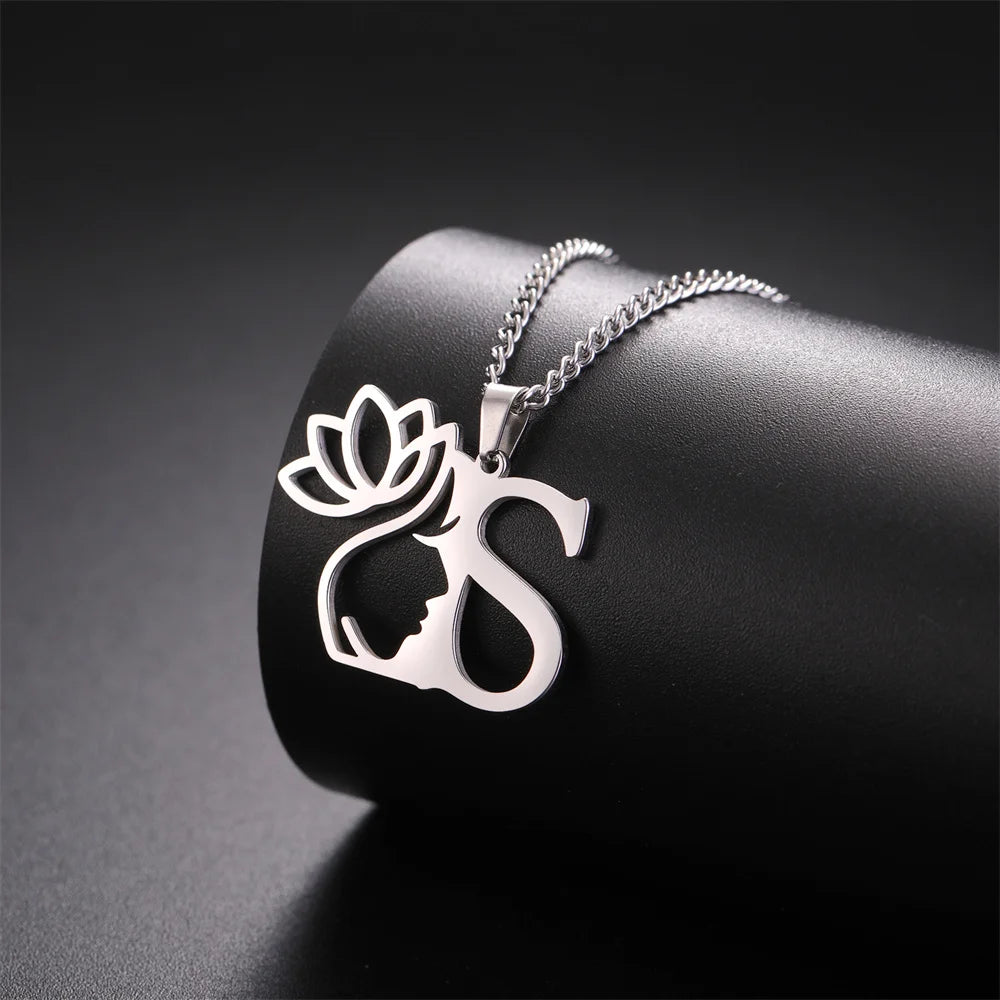 My Shape Beauty Lotus Flower Initials Necklace Women Girl Gifts Stainless Steel Letter Alphabet Pendants Choker Fashion Jewelry