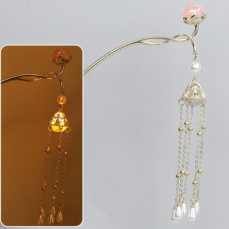 Luminous Flower Hairpin For Women Creative Lotus Emit Light Lantern Tassel Hair Stick Vintage Chinese Style Metal Hair Accessory