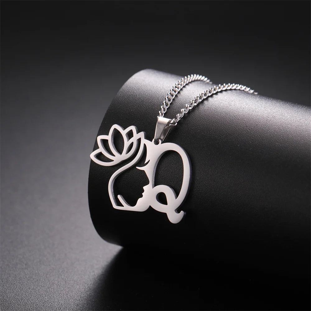 My Shape Beauty Lotus Flower Initials Necklace Women Girl Gifts Stainless Steel Letter Alphabet Pendants Choker Fashion Jewelry