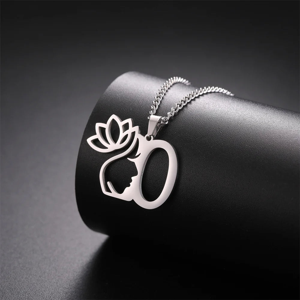 My Shape Beauty Lotus Flower Initials Necklace Women Girl Gifts Stainless Steel Letter Alphabet Pendants Choker Fashion Jewelry