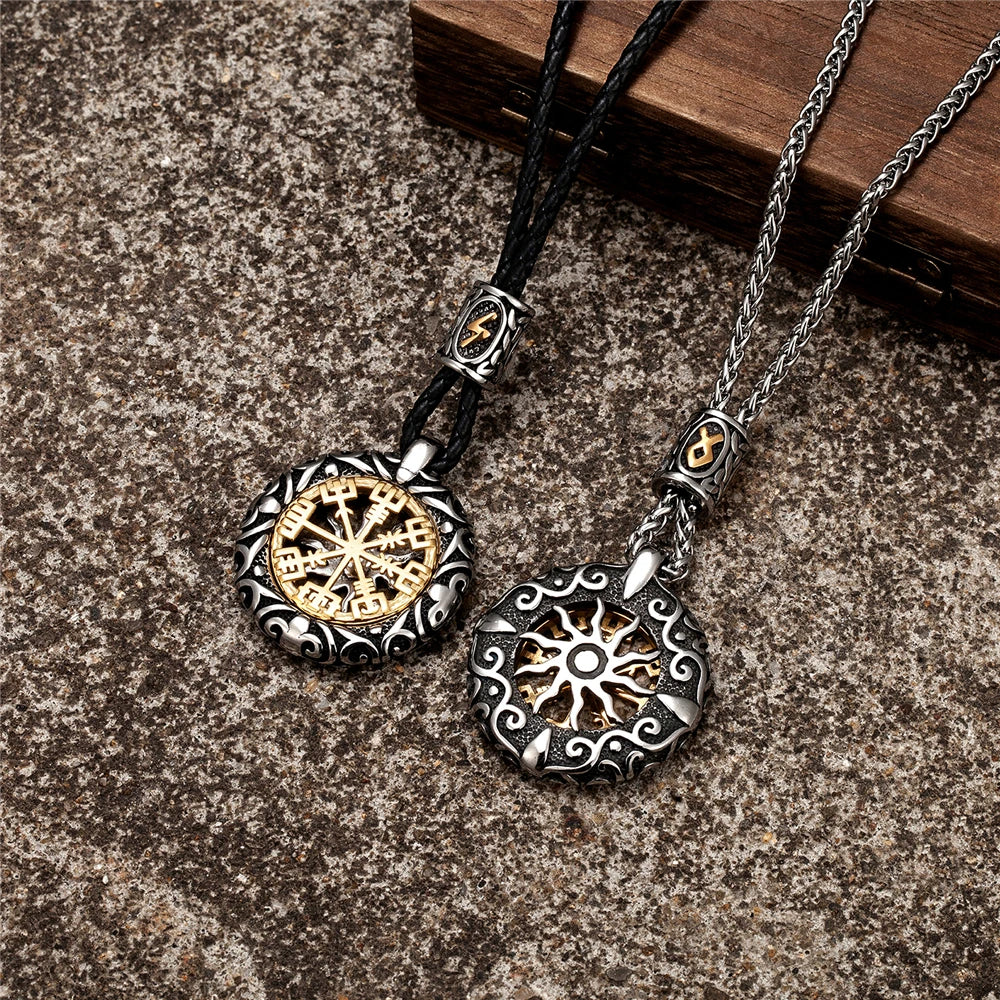 Retro Men Norse Rune Bead Compass Necklace Gold Color Hollow Out Sun Pendant Stainless Steel Vegvisir Amulet Male Viking Jewelry