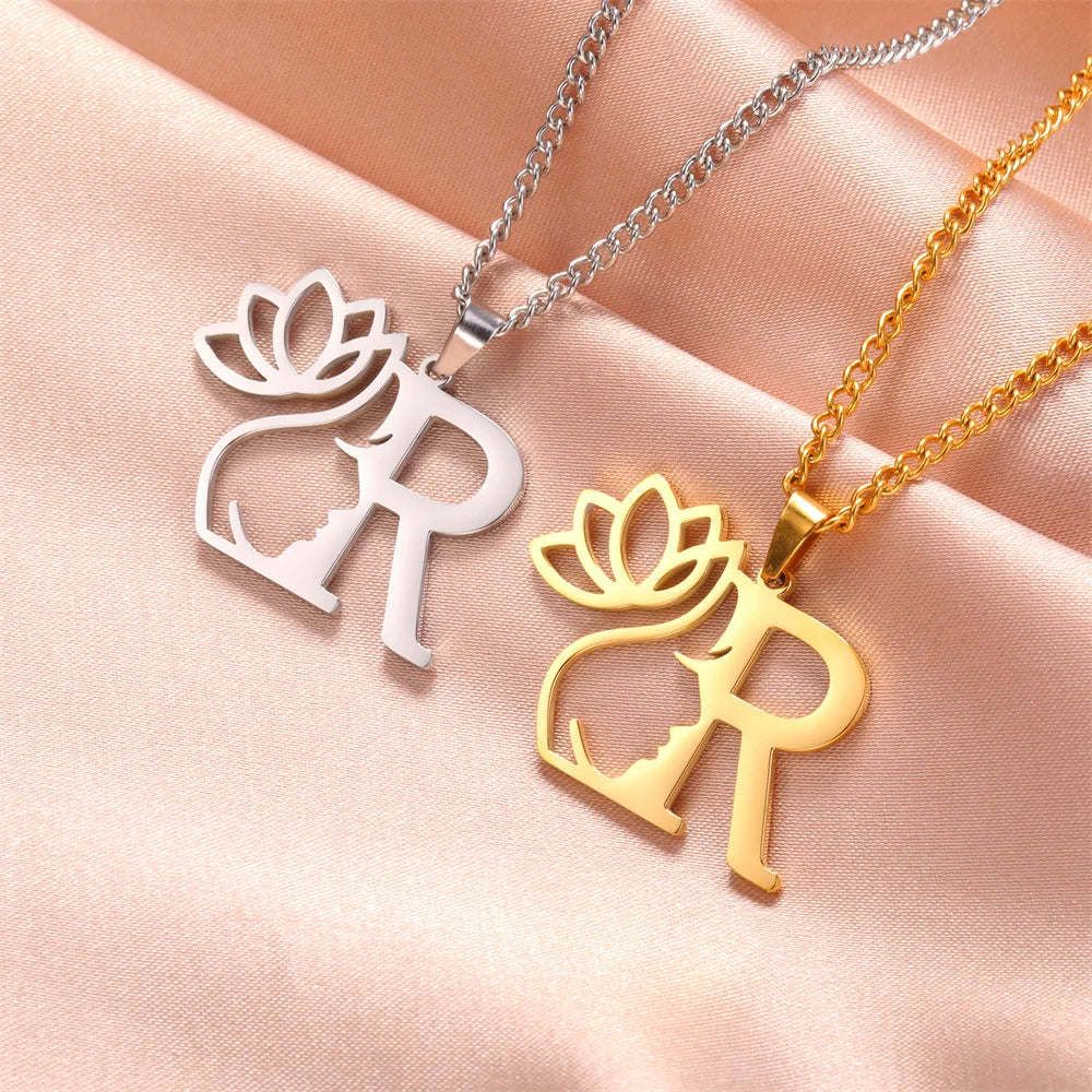 My Shape Beauty Lotus Flower Initials Necklace Women Girl Gifts Stainless Steel Letter Alphabet Pendants Choker Fashion Jewelry