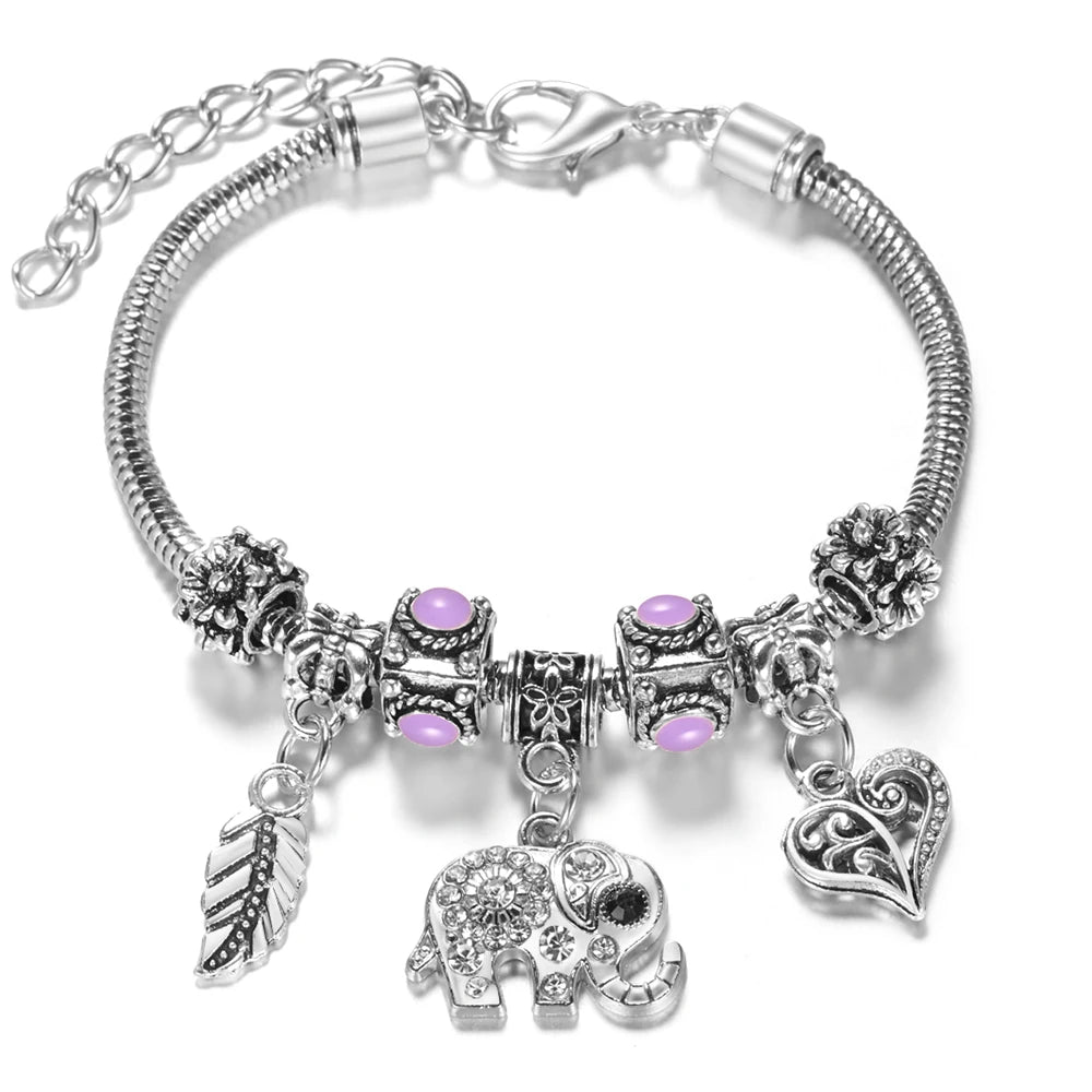Multi Style Rhinestone 6 Color Beaded Bangle Lobster Buckle Adjustable Snake Chain Elephant Bracelet Pendant Woman Jewelry Gift