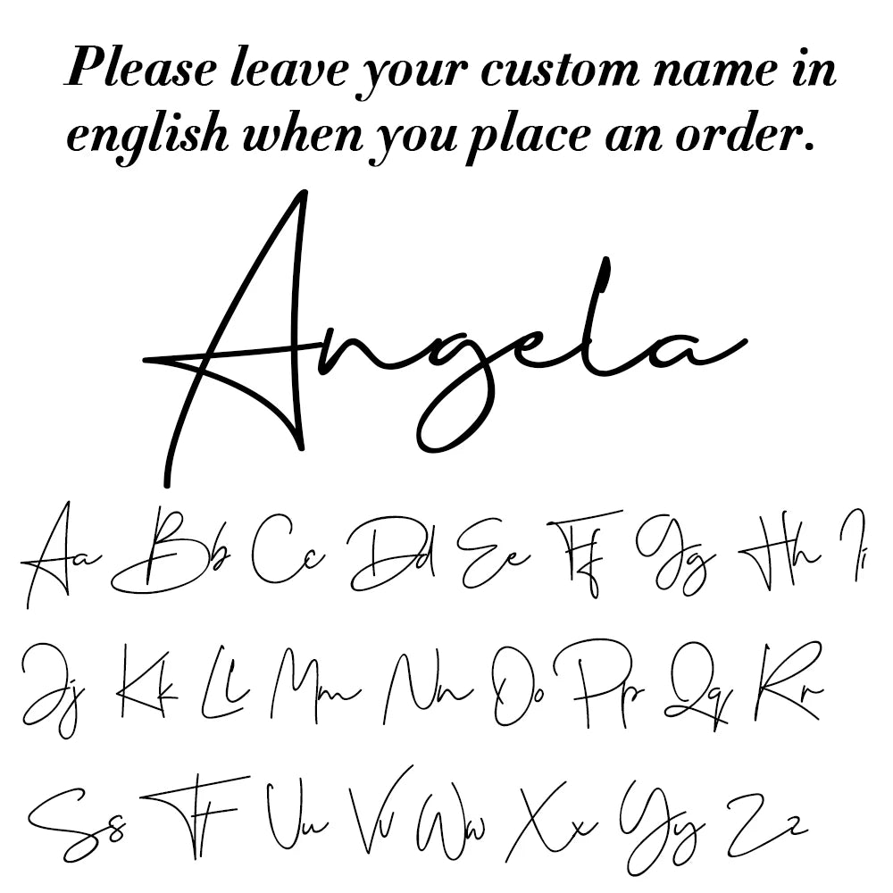 Placeholder with 'Angela' signature and alphabet for custom name entry.