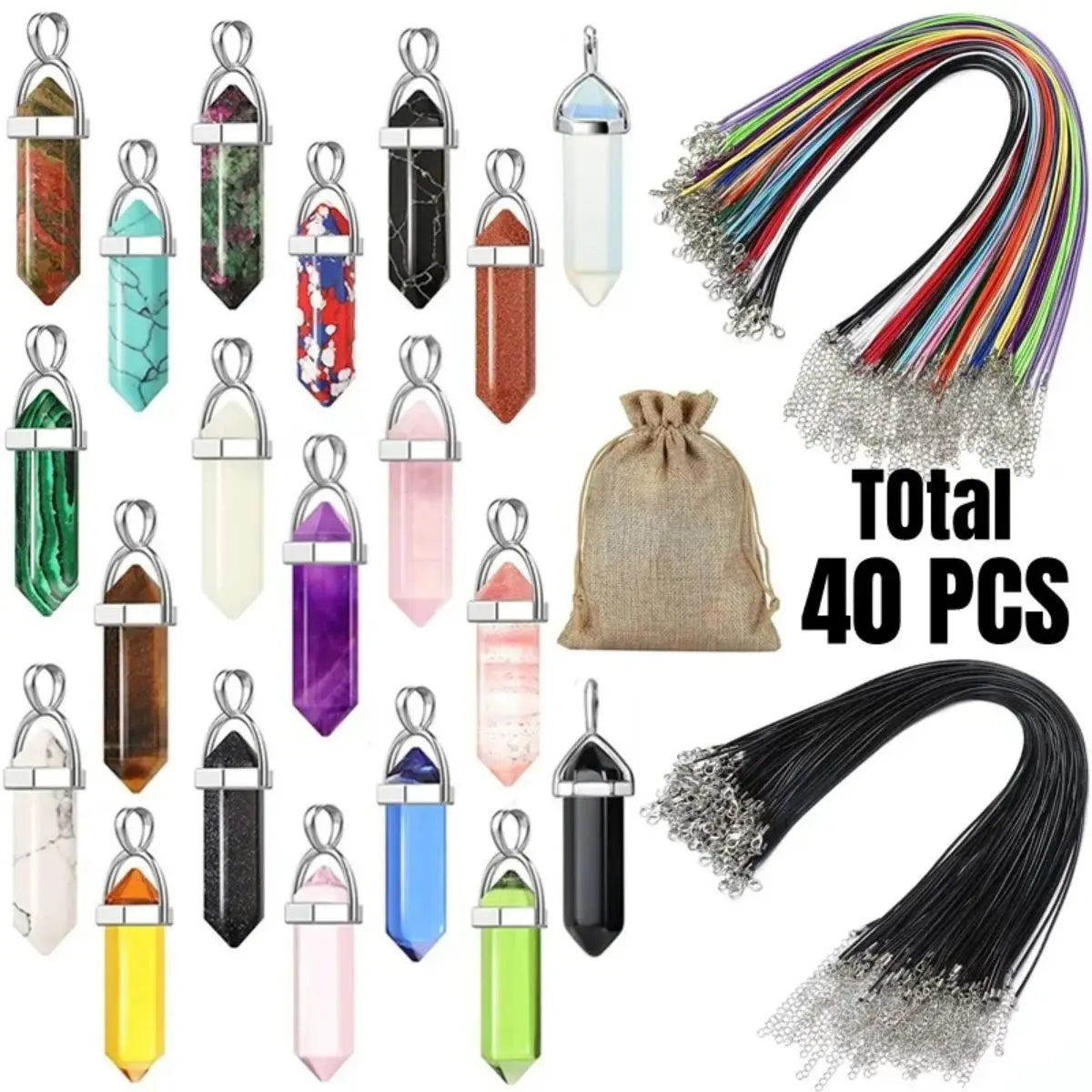40PCS/30PCS Hexagonal Chakra Synthetic Crystal Pendant , Pointed Quartz Stone With Leather Necklace Chain Storage Bag