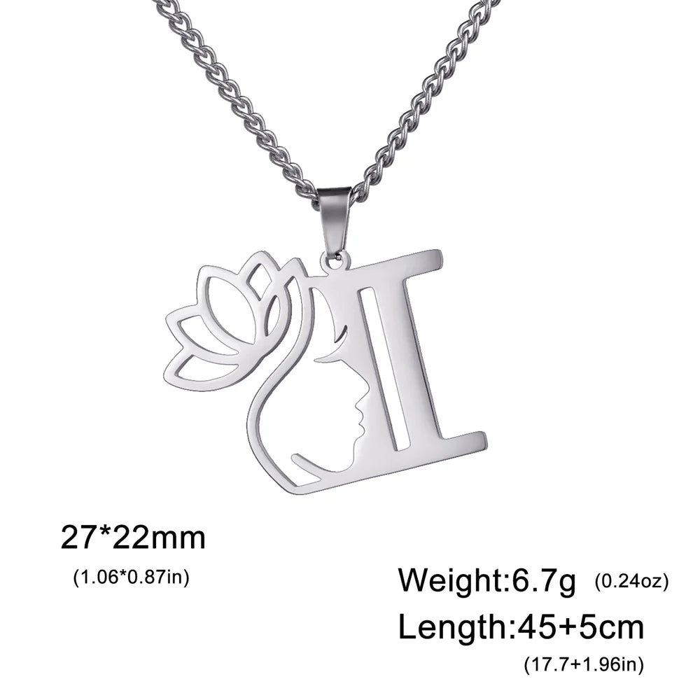 My Shape Beauty Lotus Flower Initials Necklace Women Girl Gifts Stainless Steel Letter Alphabet Pendants Choker Fashion Jewelry