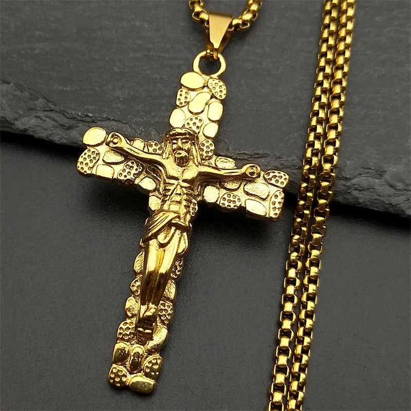Jesus Cross Crucifix Pendant Necklace for Men Stainless Steel Gold Color Christian Coffee Bean Chain Jewelry croix chrétienne