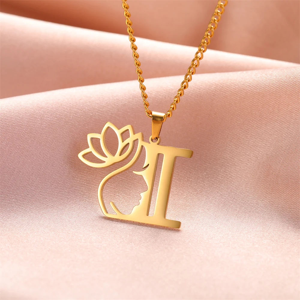 My Shape Beauty Lotus Flower Initials Necklace Women Girl Gifts Stainless Steel Letter Alphabet Pendants Choker Fashion Jewelry