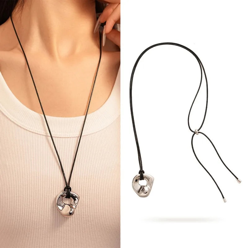 Gold Plated Geometric Circle Pendant Necklace for Women Girls Adjustable Long Leather Rope Chian Necklaces Sweater Chain Jewelry