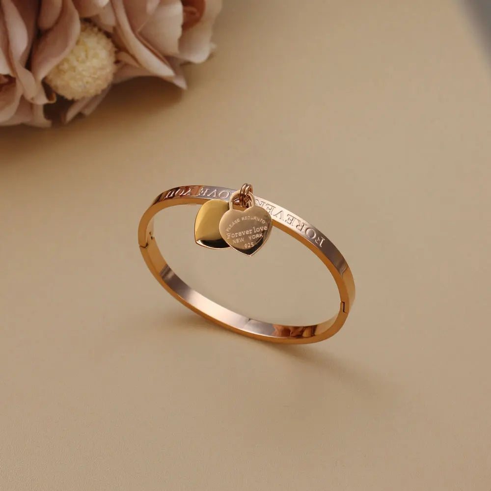 XB999 Hot Classic Stainless Steel Gold Color Bracelets & Bangles Wholesale Jewelry Fine Double Peach Heart Love Bracelets Female