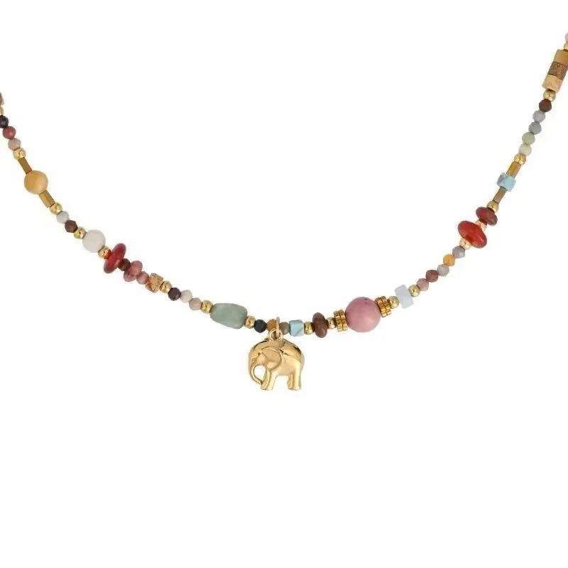 French Retro Colored Natural Stone Beads Chain Metal Elephant Pendant Necklace 2025 Trendy Jewelry Elegant Accessory For Women