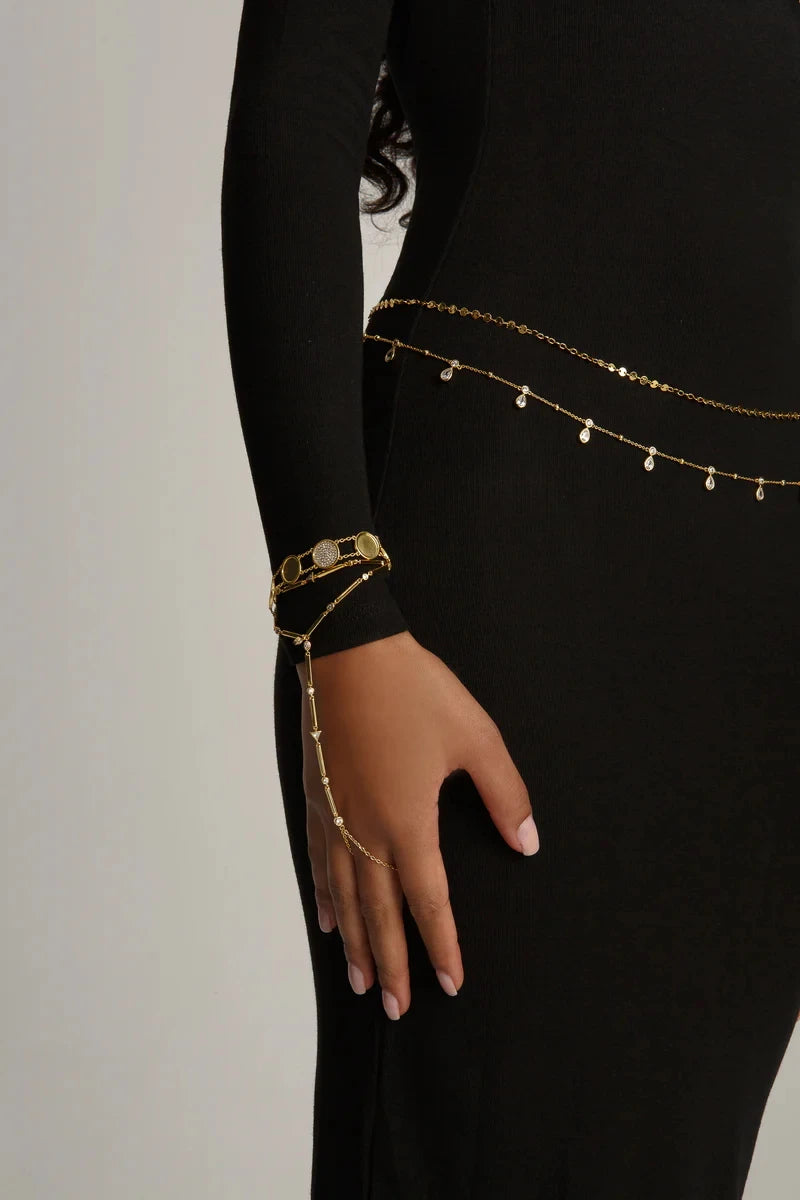 Gold Color Geometric Various Shaped Bezel CZ Plain Bar Charm Double Layer Sexy Fashion Women Hand Chain Bracelets