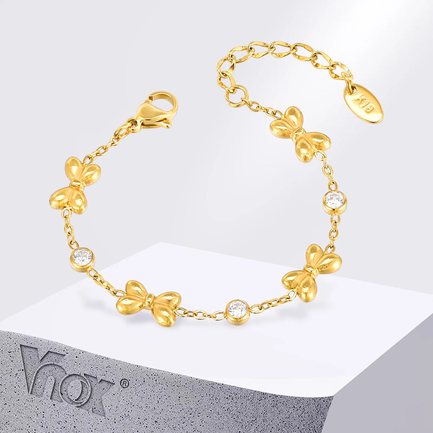 Vnox Stainless Steel Children's Bracelet For Baby Girls,Cubic Zirconia Inlay With Bow Element Chain,Cute Style Jewelry Daily
