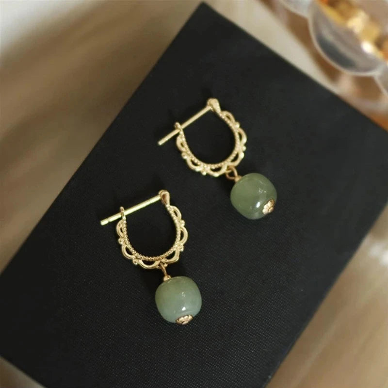 VENTFILLE Gold Color Hetian Jade Earrings for Women Green Round Jewelry Girls Gift  Dropshipping Wholesale
