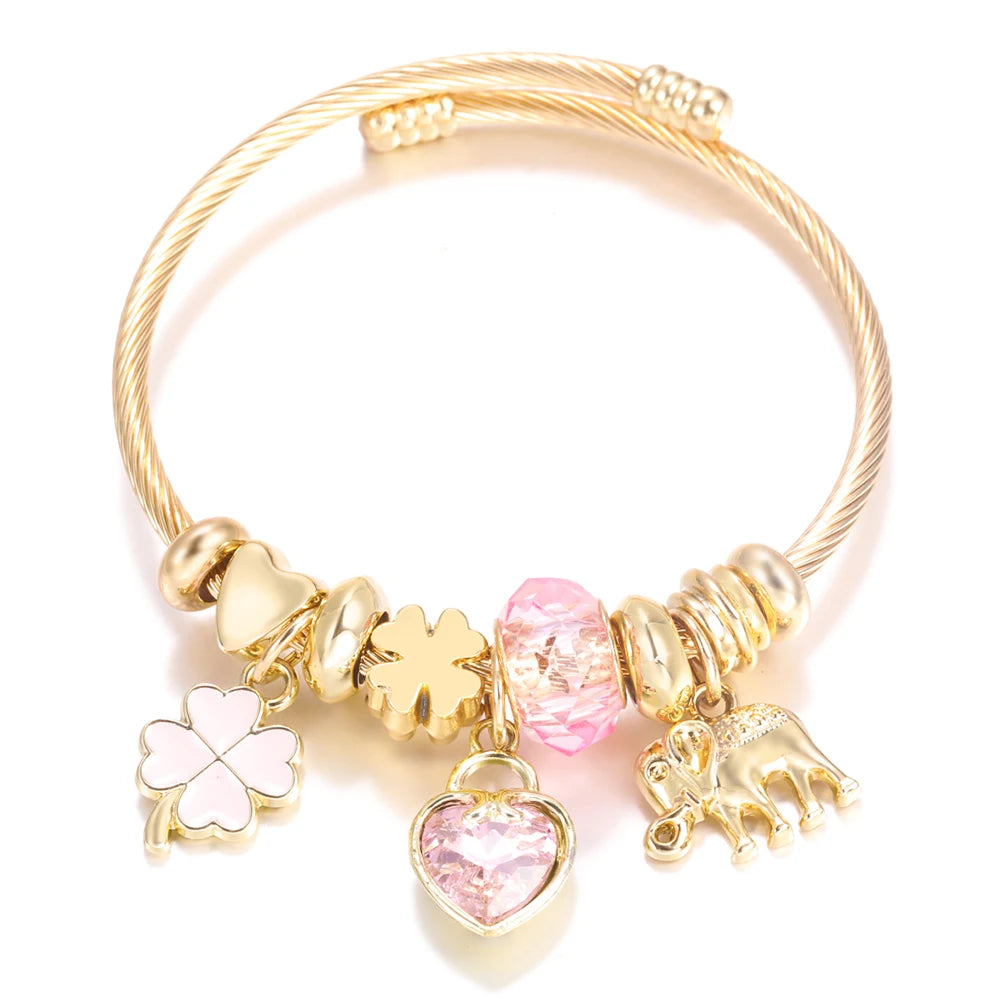 New Trendy 4 Colors Heart Shape Painted Pendant Closure Beaded Bracelet Golden Stainless Steel Women Bracelet 2025 Charm Jewelry