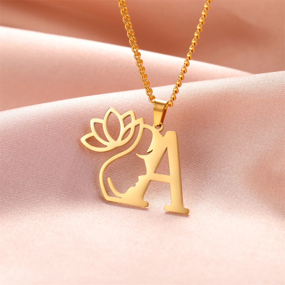 My Shape Beauty Lotus Flower Initials Necklace Women Girl Gifts Stainless Steel Letter Alphabet Pendants Choker Fashion Jewelry