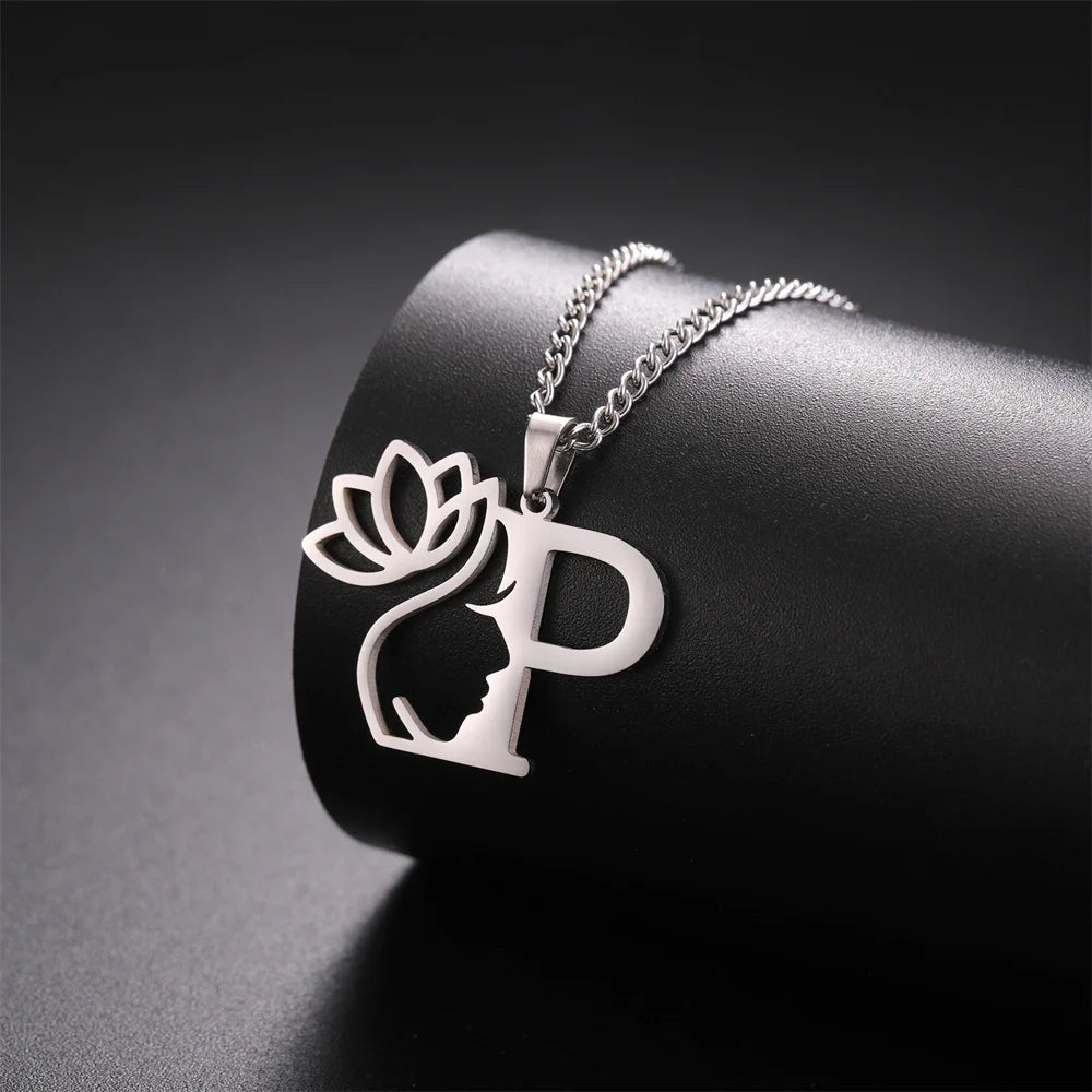My Shape Beauty Lotus Flower Initials Necklace Women Girl Gifts Stainless Steel Letter Alphabet Pendants Choker Fashion Jewelry