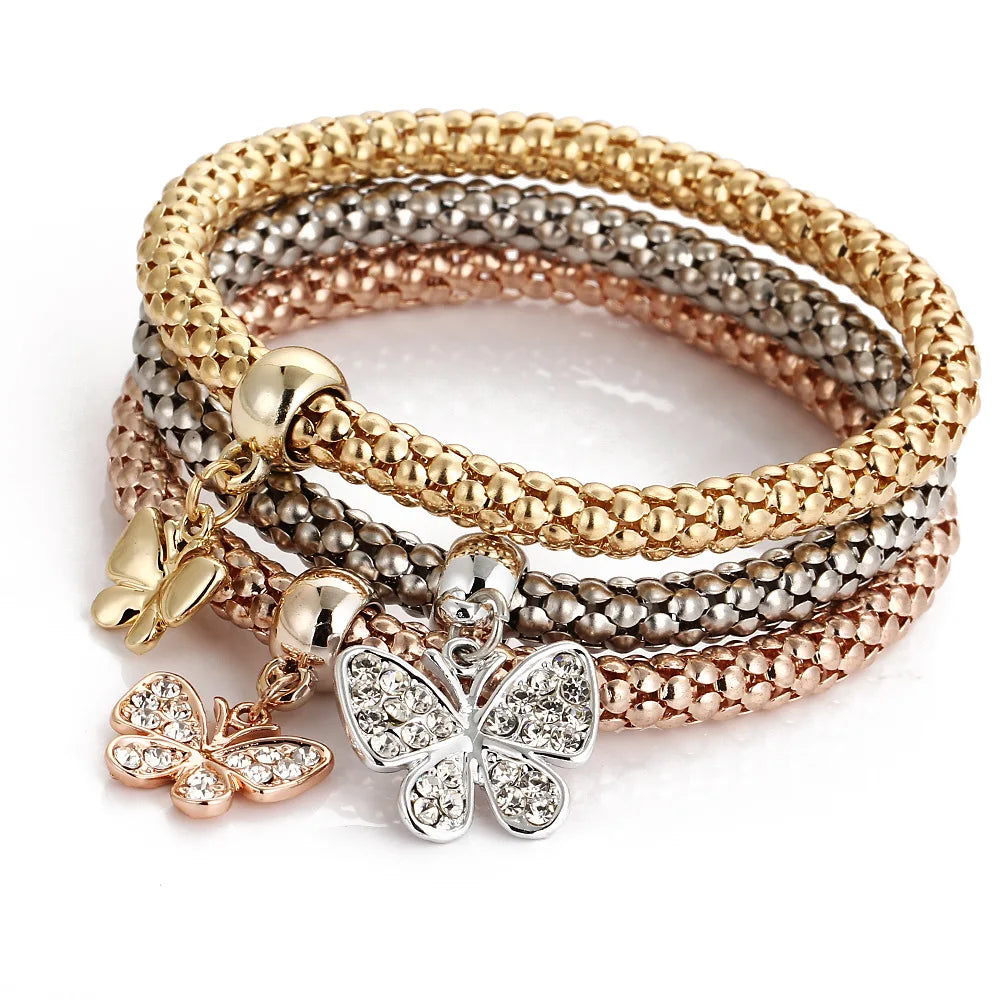 3Pcs Fashion Heart Bracelet Set For Women Crystal Owl Lock Key Music Sign Butterfly Elephant Charm Bangle Party Jewelry Gift