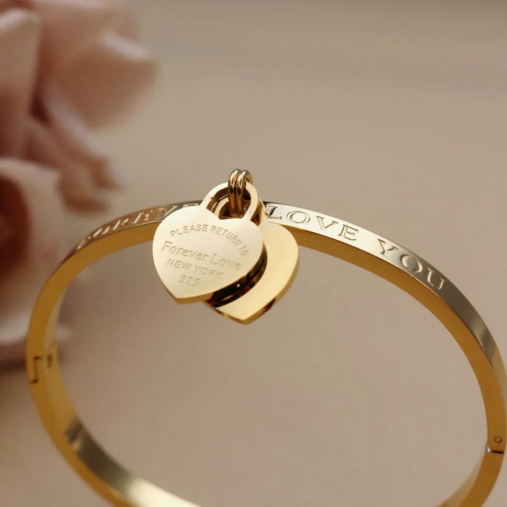 XB999 Hot Classic Stainless Steel Gold Color Bracelets & Bangles Wholesale Jewelry Fine Double Peach Heart Love Bracelets Female