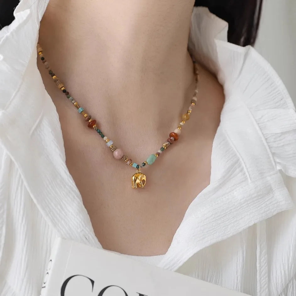French Retro Colored Natural Stone Beads Chain Metal Elephant Pendant Necklace 2025 Trendy Jewelry Elegant Accessory For Women
