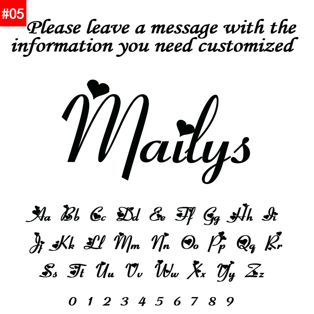 Decorative text with 'Maily's' and customizable letters and numbers on a white background.