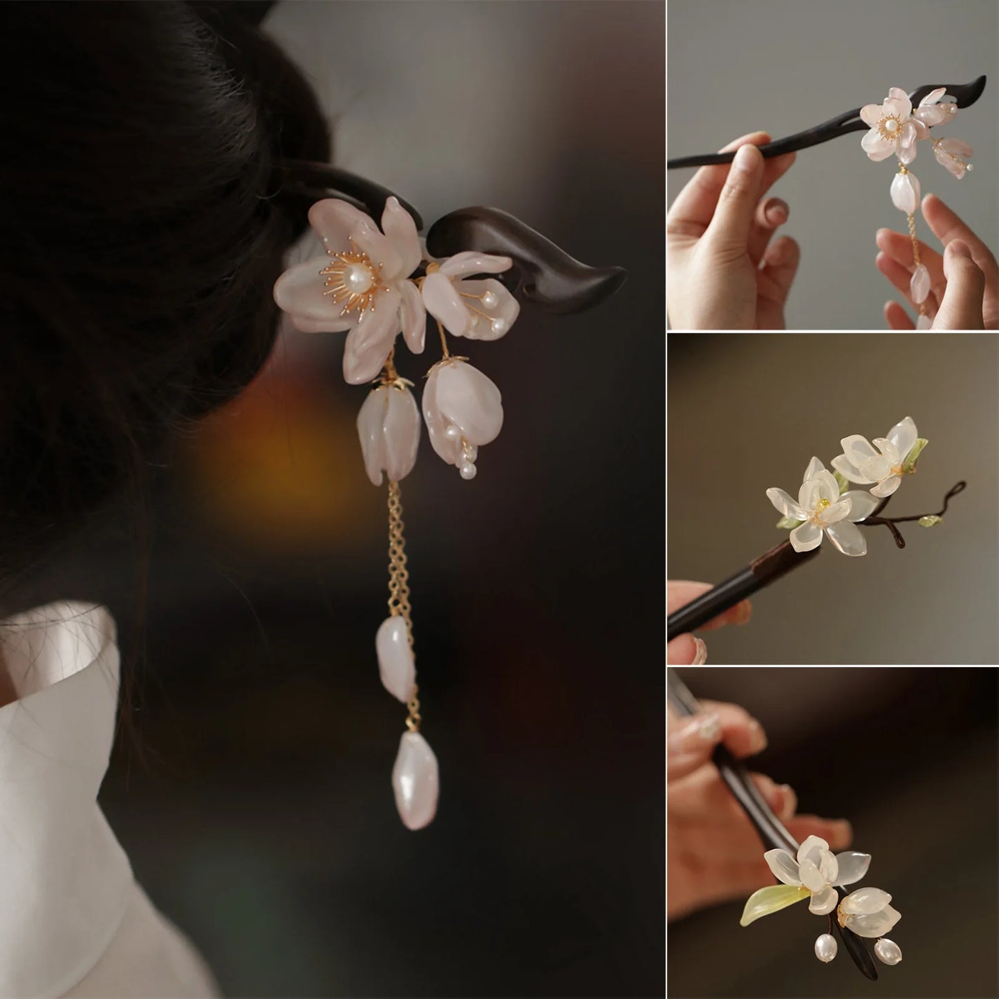 Ancient Style Magnolia Hairpin Artificial Transparent Glass Flower Tassel Hair Stick Wooden Simple Updo Hairpin New Year Gifts